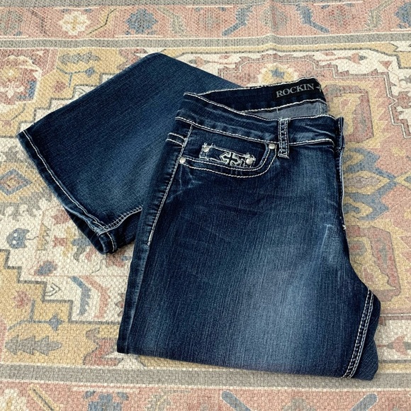 #18 Rockin Denim Studded Embellished Button Up Dark Wash Pants Blue Jean Size 10 - Picture 2 of 4